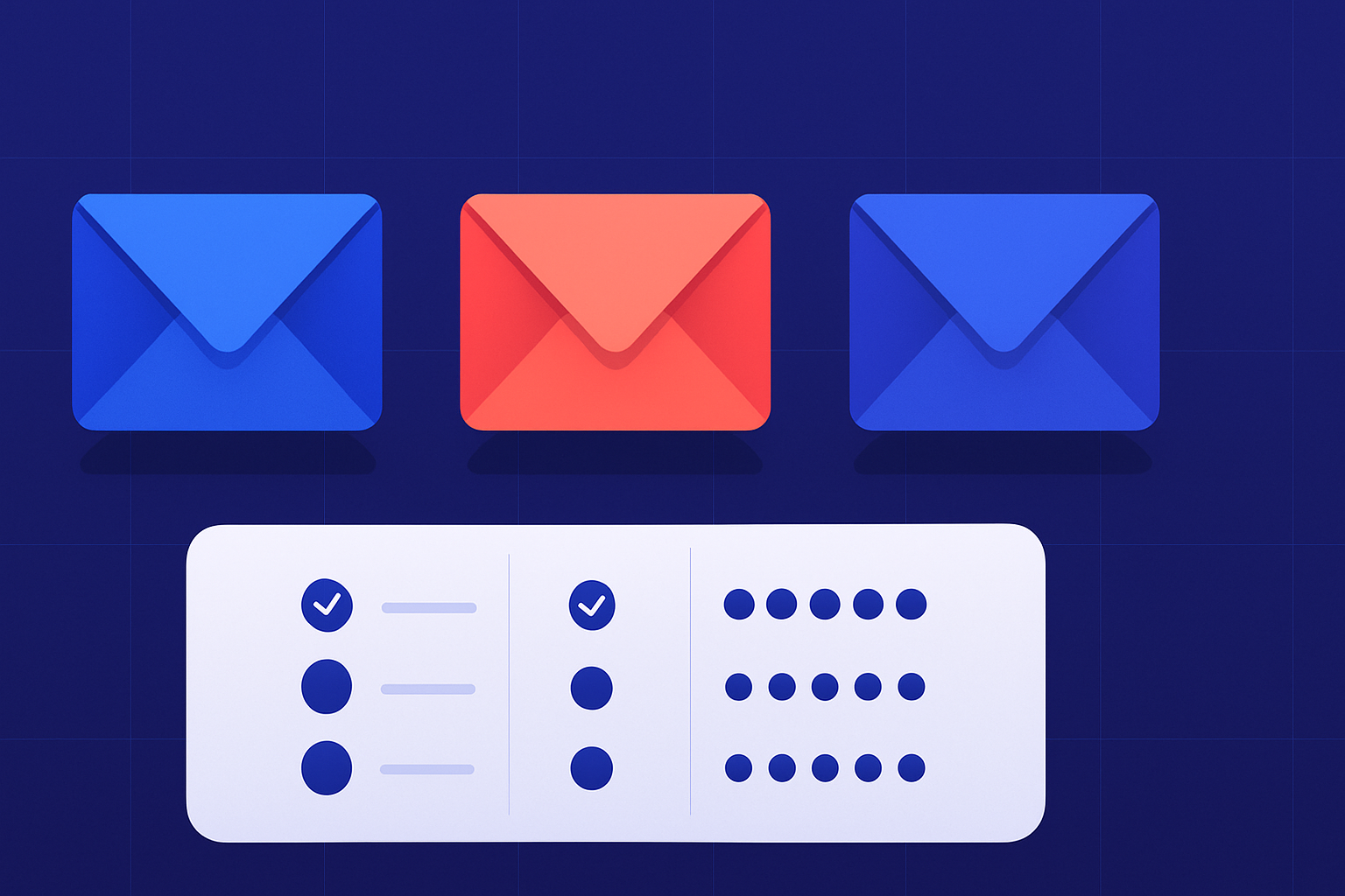 Illustration of three email-service envelopes above a comparison checklist