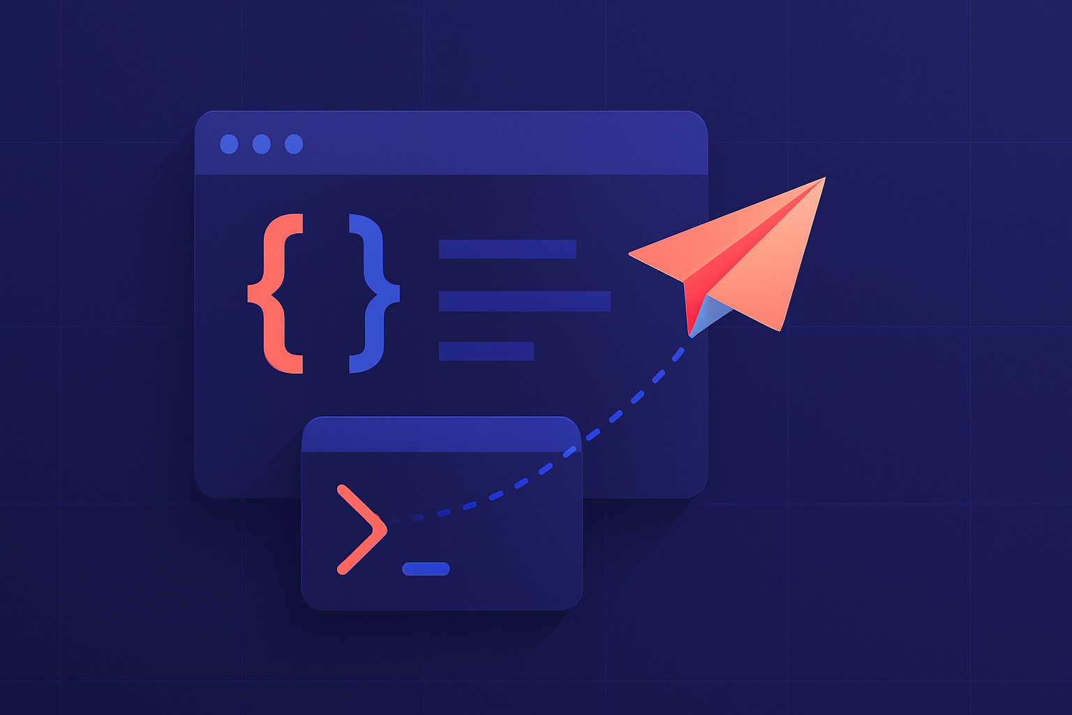 Illustration of a code editor and terminal sending an email