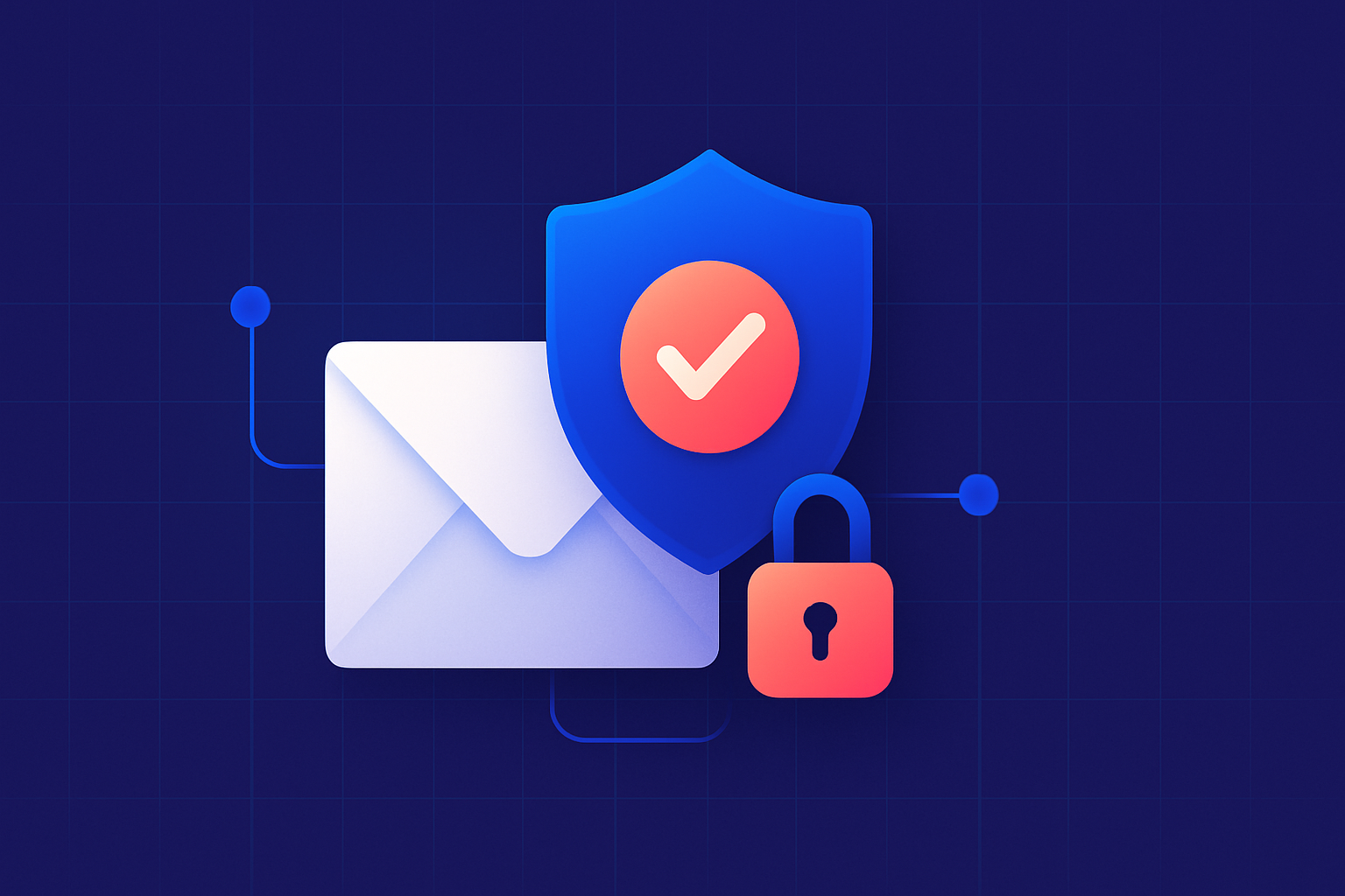 Illustration of an email protected by a security shield, checkmark and padlock