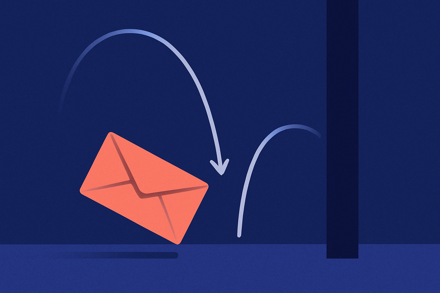 Email envelope bouncing with a soft rebound and a hard barrier, illustrating soft versus hard email bounces