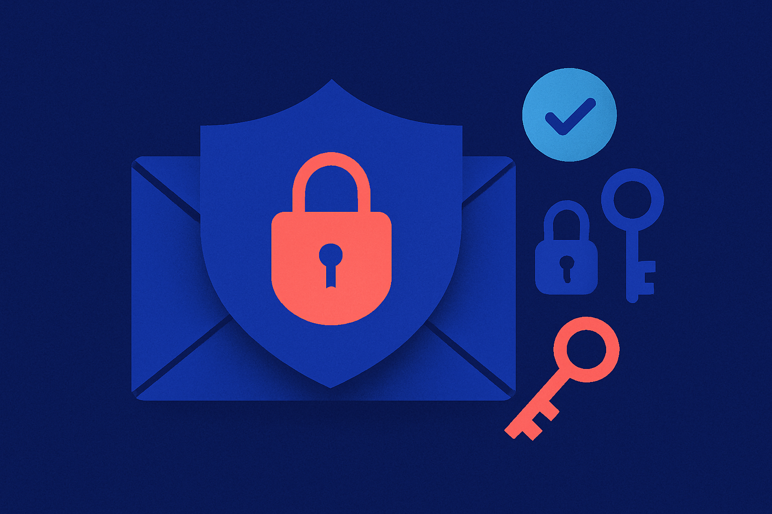 Email envelope protected by a shield, padlock, and keys, illustrating SPF, DKIM, and DMARC authentication