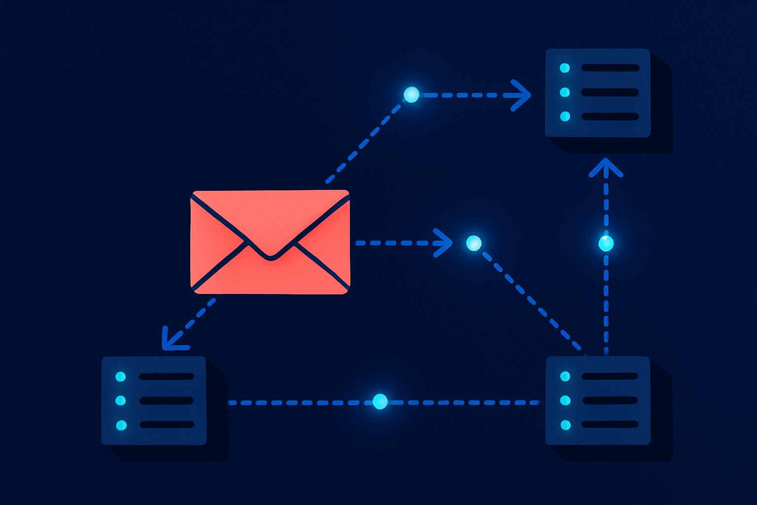 Email envelope routing between mail servers, illustrating how SMTP transfers messages across the internet