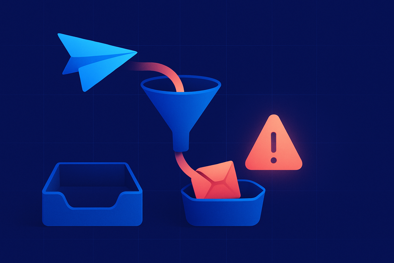 Illustration of an email being filtered into a spam bin beside a warning sign